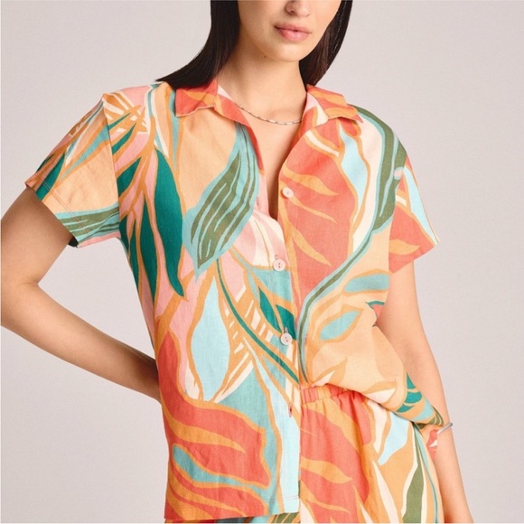 Vitamin A Linen Blend Tropical Leaf Print Button Shirt Coral Orange Green M - Picture 1 of 10